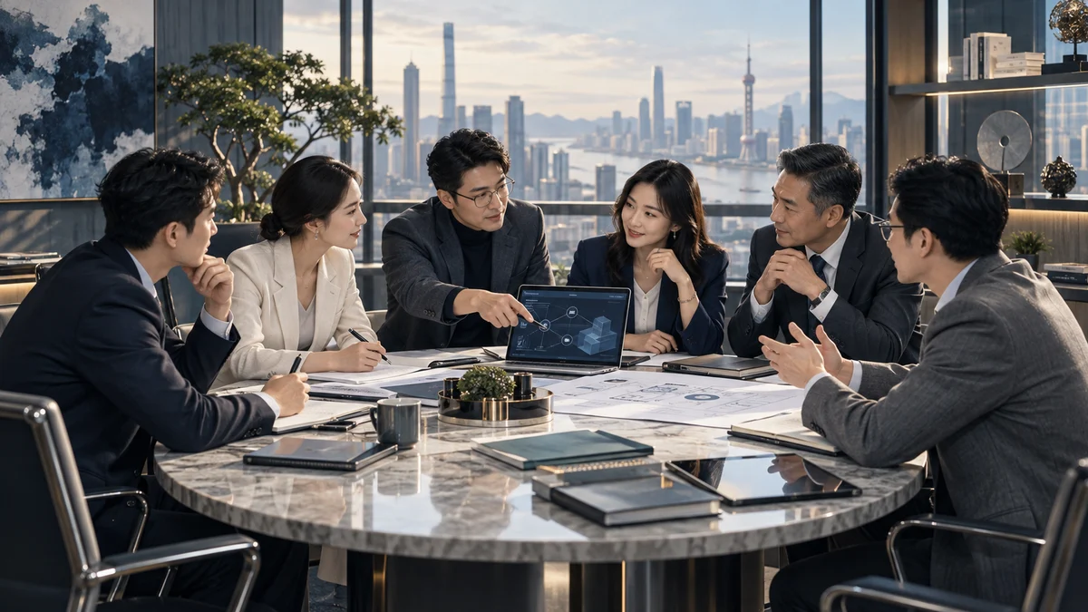 课程场景示意：来自不同职能的协作者围绕共同项目讨论目标与责任